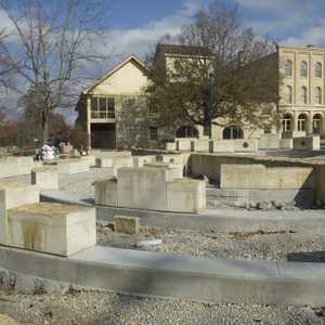 Construction of seating area near statue